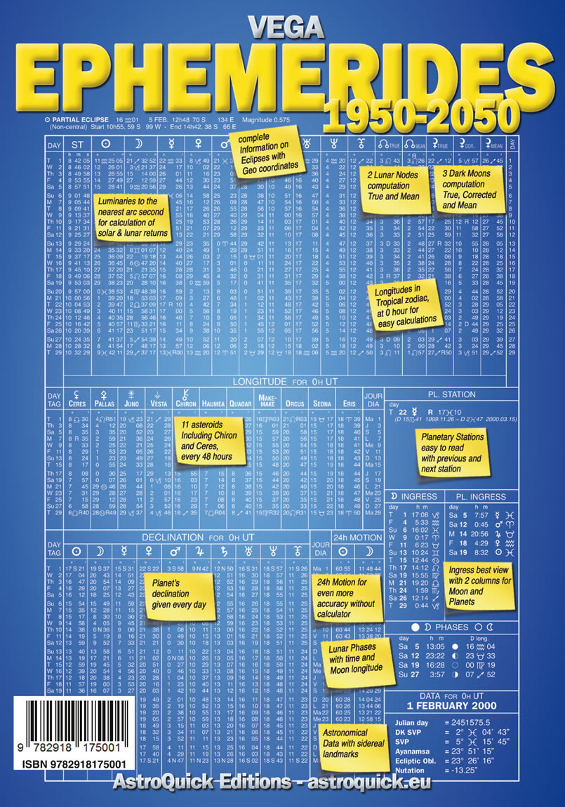 4th cover VEGA Ephemerides 1950-2050 International ed. 2019 AstroQuick Editions