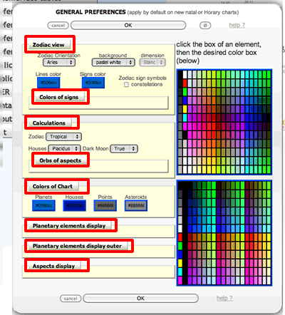 astrology chart preferences tabs