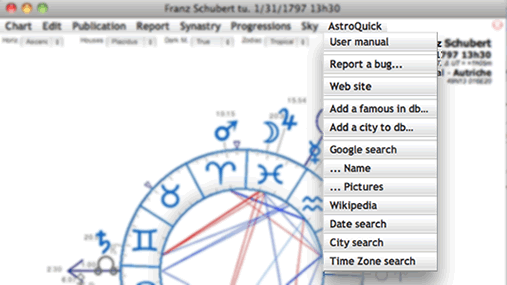 menu astroquick logiciel d'astrologie
