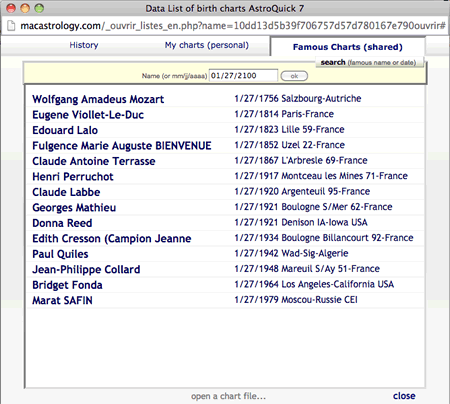 astrology chart list search by date