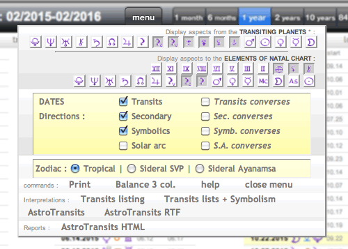 planetary transits calculation menu preferences and options